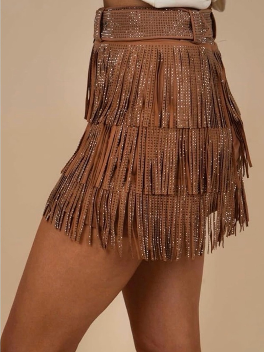 Embellished Fringe Mini Skirt in Brown with Matching Belt - Picture 2 of 4